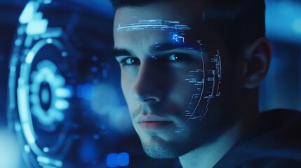 Poster - Futuristic man with digital interface overlay exploring advanced technology concepts