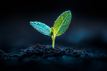 Poster - Fresh Green Sprout Emerging from Soil with Dew Drops on Leaves in Dark Background : Generative AI