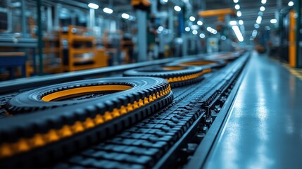 Wall Mural - Close-up view of a tire manufacturing assembly line with vibrant lighting and machinery