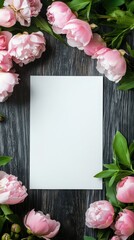Aufkleber - Beautiful arrangement of peonies surrounding a blank sheet of paper on a wooden surface. Generative AI