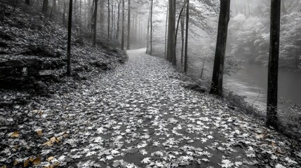 Wall Mural - A path through a forest with leaves on the ground