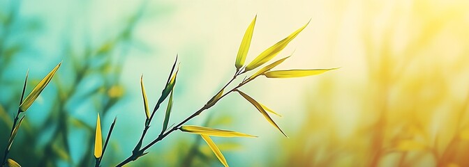 Fototapete - Bamboo Branch with Lush Green Leaves Bathed in Soft Sunrise Glow and Warm Hues : Generative AI