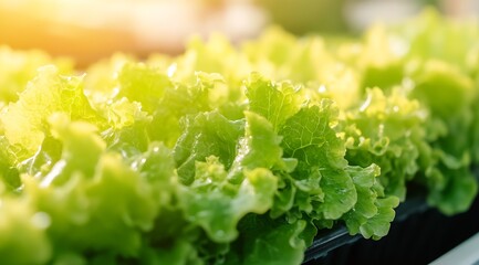 Wall Mural - Fresh Green Lettuce Leaves Glowing in Golden Sunlight in a Garden : Generative AI