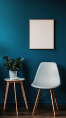 Wall Mural - Modern interior design featuring a minimalist chair and plant against a blue wall in a cozy living space. Generative AI