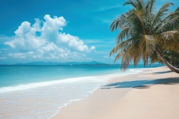 Aufkleber - Beautiful tropical beach with palm trees under a vibrant blue sky and gentle waves lapping at the shore. Generative AI