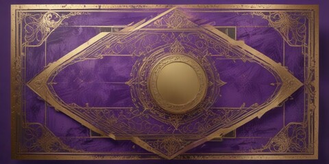 Distressed gold label on purple card with intricate geometric pattern ,  purple,  geometric,  ornate