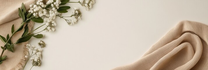 Aufkleber - Natural arrangement of soft fabrics and delicate flowers on a neutral background for peaceful decor ideas. Generative AI