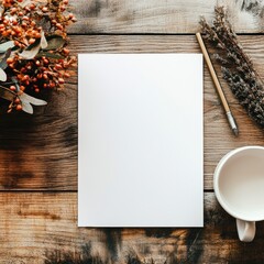 Leinwandbilder - Blank sheet of paper on wooden table with greenery and cup nearby, perfect for creative ideas or brainstorming sessions. Generative AI