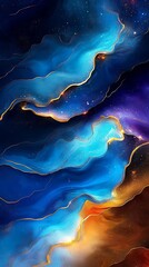 Fototapete - Dynamic Blue and Gold Abstract Art Representing Flow and Cosmic Wonder with Fluid Waves : Generative AI