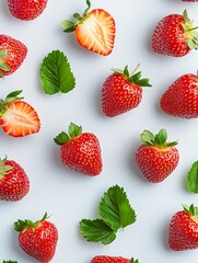 Poster - Cut Strawberries and Fresh Leafy Mint on Light Background Ready for Cooking or Salads : Generative AI