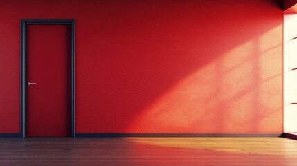 Leinwandbilder - Bright red wall with a door and shadows from sunlight in a spacious interior. Generative AI