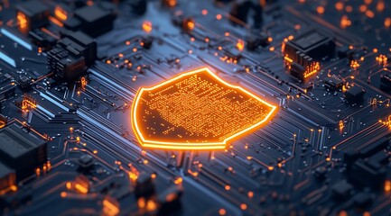 Poster - Abstract Shield Shape on Circuit Board Reflecting Data Security and Technology : Generative AI