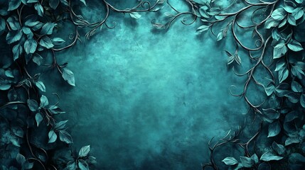 moody teal background framed by twisting dark vines and leaves. ai generated