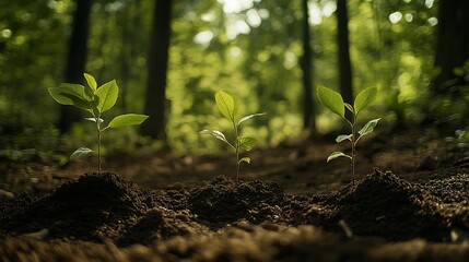 Poster - Young saplings growing in rich dark soil with a lush forest background indicating environmental growth : Generative AI