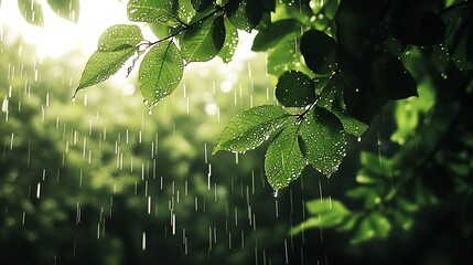 Poster - Gentle Rainfall on Lush Green Leaves Creating a Calm and Refreshing Atmosphere : Generative AI