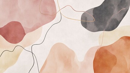 Poster - Abstract shapes and lines with watercolor textures in soft earthy tones creating a calming visual