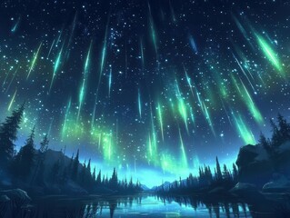 Wall Mural - ethereal anime night sky with cascading shooting stars, bioluminescent auroras, and crystalline cons