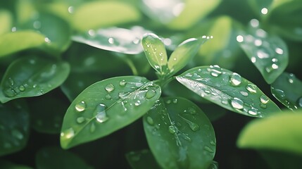 Poster - Dew Drops on Lush Green Leaves Shining in Soft Natural Light Illustrating the Beauty of Nature : Generative AI