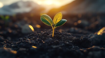 Poster - Fresh Tender Seedling Faced with Warm Morning Light Rising from Soil : Generative AI