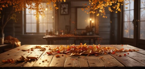 Wall Mural - Falling leaves on a rustic wooden table with golden lighting and autumn decorations,  nature,  rustic,  warm