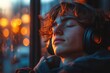 © Husien - Teenager listening music, bus, city lights, evening commute