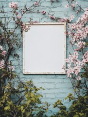 Poster - Frame surrounded by blooming flowers against a blue brick wall in a tranquil garden setting. Generative AI