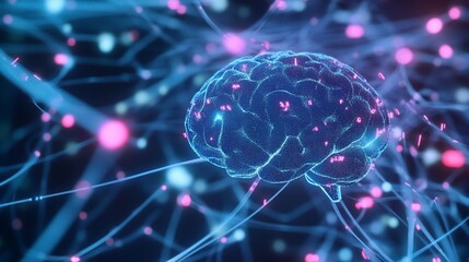 Poster - Abstract depiction of a human brain with glowing neural network connections