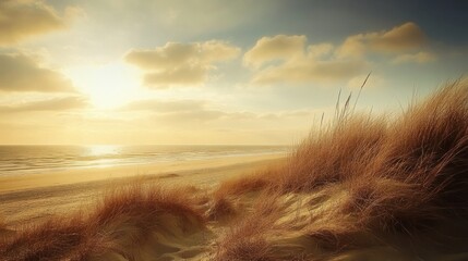 Fototapete - Beautiful sunset over tranquil beach with gentle waves and soft grass along the shore creating a peaceful atmosphere. Generative AI