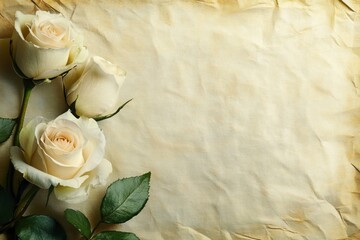 Poster - Soft white roses on crinkled parchment background creating a serene and elegant atmosphere for any occasion. Generative AI