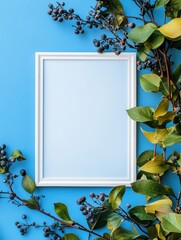 Leinwandbilder - Empty picture frame surrounded by blue background and decorative leaves and berries in a fresh, vibrant display. Generative AI