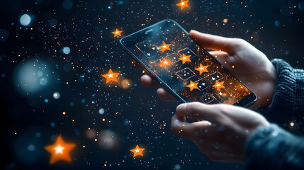 Aufkleber - Close up of human hands holding a smartphone device with animated and glowing star ratings floating magically around the screen against a dark night sky or cosmic background