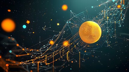 Fototapete - Close up view of a digital feedback analysis system featuring floating graphs data visualizations and stellar like formations in a futuristic luminous and dynamic space