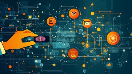 Poster - Digital Authentication Process with Fingerprint Scanning and Icons for Secure Identity Verification  This image depicts the futuristic biometric technology used in digital security systems