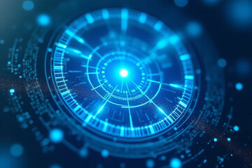 Wall Mural - Futuristic blue digital interface with glowing circular patterns and data