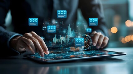 Leinwandbilder - Digital Tablet with Floating Rating Metrics Dashboard   Showcasing Data Analytics and Business Intelligence Visualization