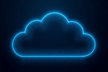 Wall Mural - Neon blue cloud icon glowing against dark background, symbolizing technology and data storage