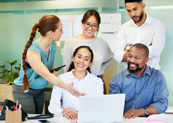 Poster - teamwork, business people and feedback with laptop in office, tax research and report for bookkeepin