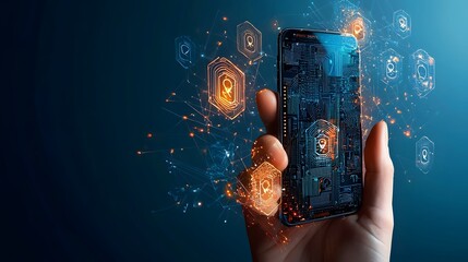 Fototapete - Futuristic fintech user interface showcasing biometric security features like fingerprint scanning icons against a dark glowing and high tech background