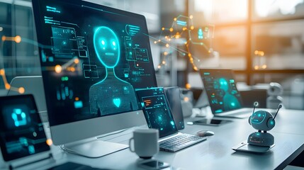 Poster - Futuristic workspace featuring a glowing intelligence chatbot user interface displayed across multiple digital devices like laptops and monitors on a modern office desk setup