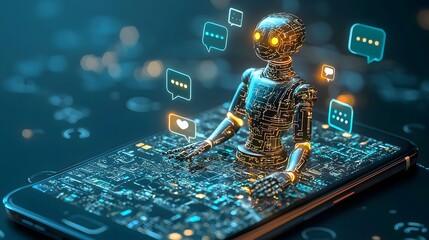 Fototapete - Glowing chatbot icon with speech bubbles appearing around a modern mobile device representing advanced intelligence digital communication and futuristic technology