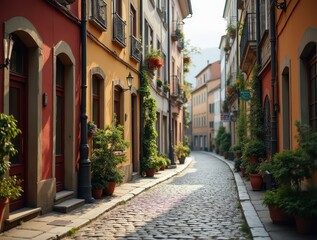  Charming cobblestone street winding through colorful buildings in European city