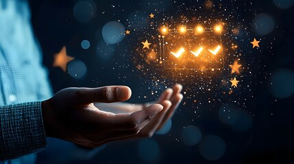 Fototapete - Magical midair projection of a futuristic tech inspired glowing rating interface with interactive gesture controls and sparkling visual effects  Concept for advanced data visualization analytics