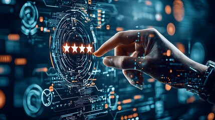 Fototapete - Person s hand touching and selecting a five star rating on a futuristic digital interface with abstract background and neon lighting representing user experience feedback and evaluation