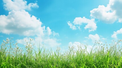 Leinwandbilder - Bright sunny day with green grass and fluffy clouds in a clear blue sky. Generative AI