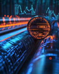 Wall Mural - high tech pipeline glowing with blue lights and data visualization