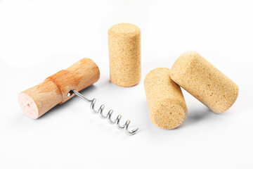 Canvas Print - Corkscrew with wooden handle and corks on white background