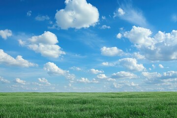 Fototapete - Vast green field under a bright blue sky filled with fluffy white clouds on a sunny day. Generative AI