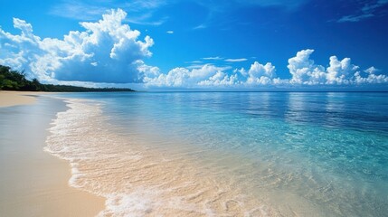 Poster - Crystal clear water meets sandy beach under a bright blue sky with fluffy clouds in a tropical paradise setting. Generative AI