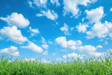 Aufkleber - Vibrant green grass contrasts against a clear blue sky with fluffy clouds on a sunny day. Generative AI