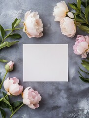Aufkleber - Blank card surrounded by peonies and green leaves on textured gray surface. Generative AI